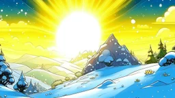 fantasy cartoon style: Once upon a snowy hill. The sun was shining, and the snow sparkled like a million tiny diamonds.