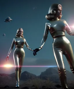 Ultra Realistic retro sci-fi image from 1960, spaceship, sweet young Jane Fonda, dress with tight latex suit, Retro sci-fi weapon, soft color, highly detailed, unreal engine 5, ray tracing, RTX, lumen lighting, ultra detail, volumetric lighting, 3d, finely drawn, high definition, high resolution.