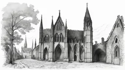 Ground-level black-and-white outline sketch of ruined gothic church with a tall, crooked roof and chimney and a cobbled street