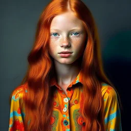 pretty girl, aged 14, ginger, conventionally attractive, colourful clothes, realism