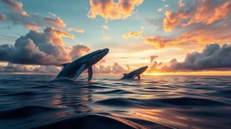 A surreal landscape where the sky is made of flowing water, and giant whales swim gracefully through the clouds, reflecting the colors of the sunset. Photographic quality and detail, award-winning image, beautiful composition.