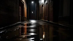 A dark alley, hidden shadows, a street light, puddle of rain,