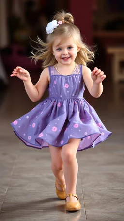 a pretty 5 years old girl with blue eyes and nice dress dancing and playing joyfully