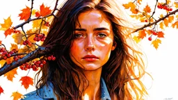 surrealism, Autumn, sunny day, Portrait of a sad beautiful woman with loose hair, atmosphere of mystery, fantasy and magic, berries, hyperdetail, hyperrealism, watercolor, ink, retro, vintage,