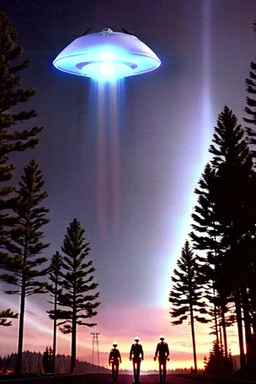 school kids see a saucer shaped ufo flying over tall pine trees, near a high voltage powerline with (three lights underneath) and lots of lights all around the edge, the year is 1966 in color, concept art, by Asaf Hanuka, by Weta Digital, Electric Colors, Screen Space Global Illumination, in a symbolic and meaningful style