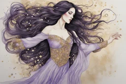 Dynamically dancing long haired brunette woman, in Klimt style, in lilac, watercolor and ink, golden glitters