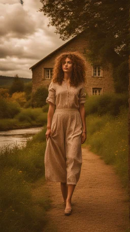 full body shot of a very beautiful lady curly hair, walks in the country side with a narrow river with clean water and nice rocks on floor. The trees and wild flowers pretty country houses ,nice cloudy sky.