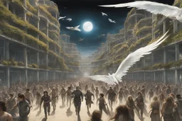 View of Elysium with winged females flying over people running away in fear