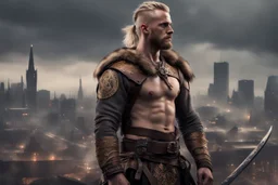 photorealistic portait of henry cavell as viking with blonde undercut tribal tattoos wearing modern mercenary uniform fantasy dark cityscape