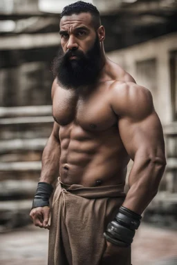 half figure shot photography of a burly ugly 30 year old italian boxer with big broken nose, very long muslim black beard, muscular beefy man shirtless, manly chest, big shoulders, short hair, photorealistic