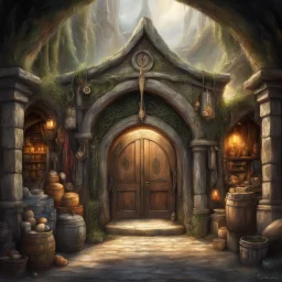 The age old entrance portal to a market for magical items. Magical, Epic. Dramatic, highly detailed, digital painting, masterpiece, lord of the rings, the hobbit