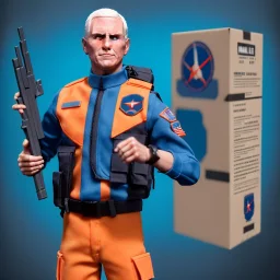 a large pile of Mike Pence G.I. Joe toy Doll spaceforce uniform, orange blue fabric, guns, wall packaging for sale, bright pricetag, empty box