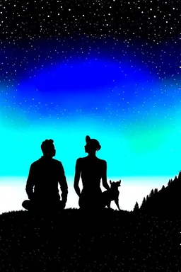 black background on a mountaintop and three silhouettes of a fit man, a silhouette of a fit woman, and silhouette of a Belgian malinois sitting next to the men and the woman looking at the stars