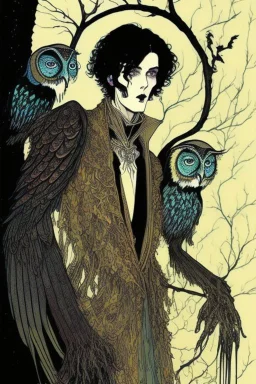 Black haired, owl-man, Skinny, warlock, in the style of Harry Clarke