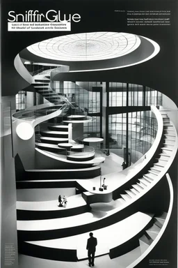 SNIFFIN’ GLUE magazine high res photo cover by Le Corbusier: special issue #111 (June 2004) on the designers of Detailed Model of diagrams and instructions for this is the museum of the future: the main room is a black ring made of circular windows and the stairs are endless spiral. With detailed isometric digital illustration.