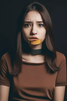 A girl with short shirt and tape over mouth