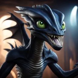 the alien xenomorph as a disney dragon like in "how to train your dragon" with big white eyes and a goofy look on its face