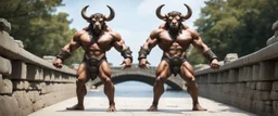 "double trouble", tip toe full body minotaur psionic master in threatening pose in swimsuit on stone bridge, front and back