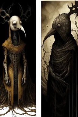 Silent depths waiting, Eyes gleam through dusk's veil—prey nears, Dark ghosts whisper, by Phlegm and Dave McKean and Santiago Caruso, silkscreened mind-bending illustration; warm colors, off-centered fragmented composition