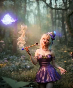 Ultra realistic wonderland photo, happy blonde woman smoking a shisha, blue dress, purple-cat friend, circus dress style, old school tattoo, smoke, marijuana garden, glow eyes, perfect iris, soft color, highly detailed, unreal engine 5, cinematic, ultra detail, volumetric lighting, high definition.