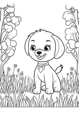 cute coloring page, sketch style, cute baby dog in the park, cartoon, white and black, withe background, no shadows, outline.