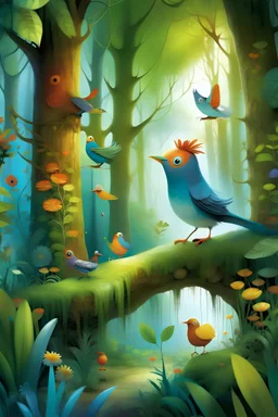 Pip, the main bird, embarks on a journey through the Enchanted Forest, observing and attempting to imitate the songs of other birds. Each attempt is portrayed in a series of vignettes, with Pip fluttering from tree to tree, trying out different tunes. The forest backdrop changes as Pip encounters various bird species, showcasing the diversity of the magical realm.