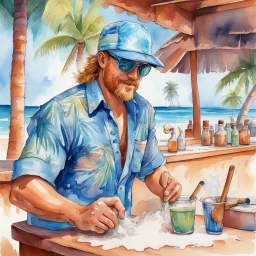 middle aged sandy-haired handsome beach-bum bartender wearing a Hawaiian shirt and visor wiping the mahogany counter of an open-air tropical beach bar with a coconut theme, busy, white sand and coconut trees in background, azure blue water, watercolor and ink painting with loose brush strokes