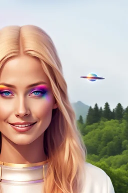 ufos rainbows,beautifuls paysages, fantastic colours,cosmic woman ,beautiful ufos rainbow, admiral from the future, galactic confédération, fine whole face, crystalline skin, expressive purple eyes,rainbow, smiling lips, very nice smile, costume pleiadian, Beautiful tall woman pleiadian Galactic commander, ship, perfect datailed golden galactic suit, high rank, long blond hair, hand whit five perfect detailed finger, amazing big puple eyes, mouth, high définition lips, cosmic happiness, bright c