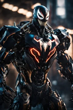 Venom in a robot transformer, super suit with spikes on his arms and shoulders, explode, hdr, (intricate details, hyperdetailed:1.16), piercing look, cinematic, intense, cinematic composition, cinematic lighting, color grading, focused, (dark background:1.1) by. Addie digi