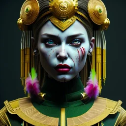 Ukrainian woman, rounded face, blood, black, flower, green, samurai helmet, decorative color feathers, retro, bamboo, leather, soft color, highly detailed, art stations, concept art, smooth, unreal engine 5, god rays, ray tracing, RTX, lumen lighting, ultra detail, volumetric lighting, 3d, finely drawn, high definition, high resolution.