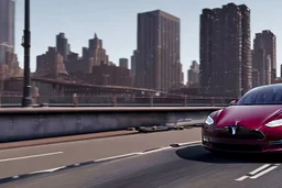 A Tesla 'Model 3' is going at a high speed, on the 'FDR Drive', eastern Manhattan. (CINEMATIC, WIDE ANGLE LENS, PHOTO REAL)