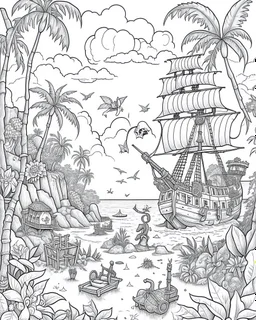 Pirates of the Caribbean: Skull Island Jungle Exploration Coloring Page: Create an intricate coloring page capturing the essence of Skull Island's dense jungle from the Pirates of the Caribbean movie. Depict towering trees, winding hidden paths, and exotic wild animals awaiting vibrant interpretations. Integrate iconic elements like the Black Pearl sailing on the horizon or discreetly placed treasure chests, inviting enthusiasts to bring this adventurous scene to life with their black and white