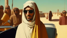 takistan life, oil painting. dr arab cover 1970, closeup dnd style. sunglasses, cape. lawrence of arabia. car race drag.