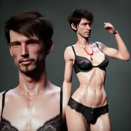 a short hair guy with a boyish face a beautiful cleavage in a lace neckline with a man's short haircut a thin waist and wide hips in bras of evil sorceress