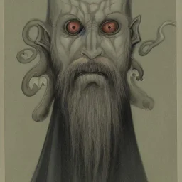 Vampire with yellow eyes with Cthulhu tentacle beard grey skin and vampire fangs and vampire bat nose as a Russian Orthodox