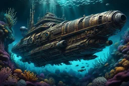 underwater in big ocean an ancient giant metal space ship lies down, fantasy, surreal, weirdart, cyberpunk, dark colors, extreme high illustration, textured hypermaximalism, dark water with sea plants, masterpiece, intricate details hyperdetailed, award winning picture