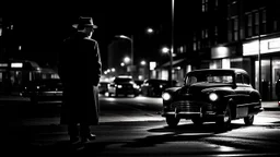 film noir, wide view, street, shadows, at night