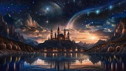 galaxy, space, ethereal space, cosmos, water, panorama. Palace , Background: An otherworldly planet, bathed in the cold glow of distant stars. The landscape is desolate and dark, with jagged mountain peaks rising from the frozen ground. The sky is filled with swirling alien constellations, adding an air of mystery and intrigue. Old castle of london, detailed , enhanced, cinematic, 4k,by van gogh