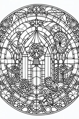 kids coloring page, stained glass church windows, cartoon style, thick lines, low detail, no shading