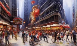 Brent Heighton, Giger, a large deep hole on the street, furry giant red spider climb out, crowded people run away, great composition, highly detailed, high quality