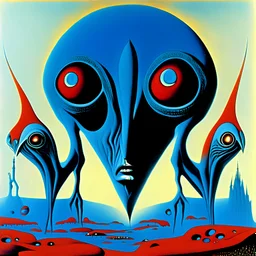 French surrealism animation art from 1970s, illustration of large blue alienoid creatures, mesmerizing, hallucinogenic tones, strange, creepy cutout style of animation of phantamosgoric giant blue alien with red eyes, Czech animation tradition, art by Roland Toper, Dali-esc environment, trance-like, Fantastic Planet aliens