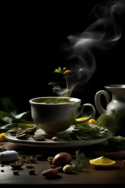 "Create an image showcasing various herbal ingredients floating around a steaming cup of tea, each ingredient symbolizing an aspect contributing to overnight weight loss."