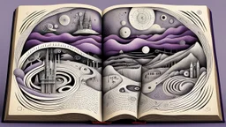 3d, egy kinyitott régi old book, kézírással írva egymás alatti hosszab, és rövidebb sorok, szavak, és listák egymás alatt, de nem olvasható betükkel, human form, circles, lines, compass, around weird whimsical landscape sharp lines, different size fade eyes, hands, building, bookmark, amorph shapes, fog, dark purple, gray, black, white, brown. nightmare style of Chagall , of Minjae Lee, Anton Semenov, Bosch, lonely neurotipical life, fog in background, surreal vibe
