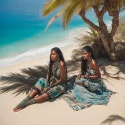 birds eye view of two unusual feral militant indigeneous aboriginal girls covered n tattoos wearing military uniforms covered in tribal patterns and jewellery holding patterned sniper rifles sitting in the shade of a luxurious tree casting dappled komorebi light and shadows on them in front of spectacular aqua blue and luminous green ocean and white sand beach oasis sitting on banded strataphoric white banded rock features in the style of high resolution photographic realism