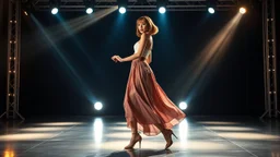 full body shot of a very beautiful lady with makeup and bob hair, wearing a pretty long skirt and heels, dancing gracefully on a modern stage with dynamic lights.