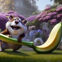 pixar style, volumetric summer garden environment and background, realistic painting of an banana, looking excited, detailed digital painting, extreme dense and fine fur, anime, ornate, colour-washed colors, elegant, small minutiae, tiny features, particulars, centered, smooth, sharp focus, renderman gofur render, 8k, uhd, detailed eyes, realistic shaded volumetric lighting, sunlight caustics, backlight, centered camera view