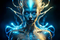 A Photograph with bioluminescent and luminous artistic style photo a alien woman. Full body.An curvy model with translucent irredescent skin showcases an alluring,perfect face in ultra-realistic detail. Blue eyes.The composition imitates a cinematic movie with dazzling,golden and silver light effects.The intricate details, sharp focus, and crystal-clear skin create a highly detailed,studio photo that is as mesmerizing as the works of Carne Griffiths and Ralph Horsley.ultra hd