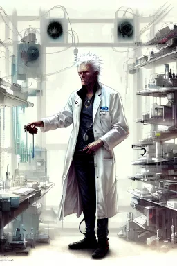 Wide angle view (((((cyberpunk laboratory. white hair clint eastwood in a labcoat. muted colors.))))) by Jean-Baptiste Monge