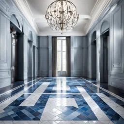 luxury hall ,tiled blue and gray large floor,