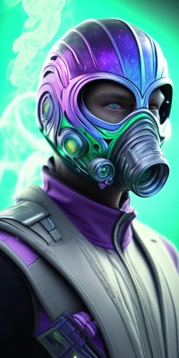 purple galaxy masked super villain, weapons in hands, teal and purple smoke, full portrait, hyper realistic, 4k